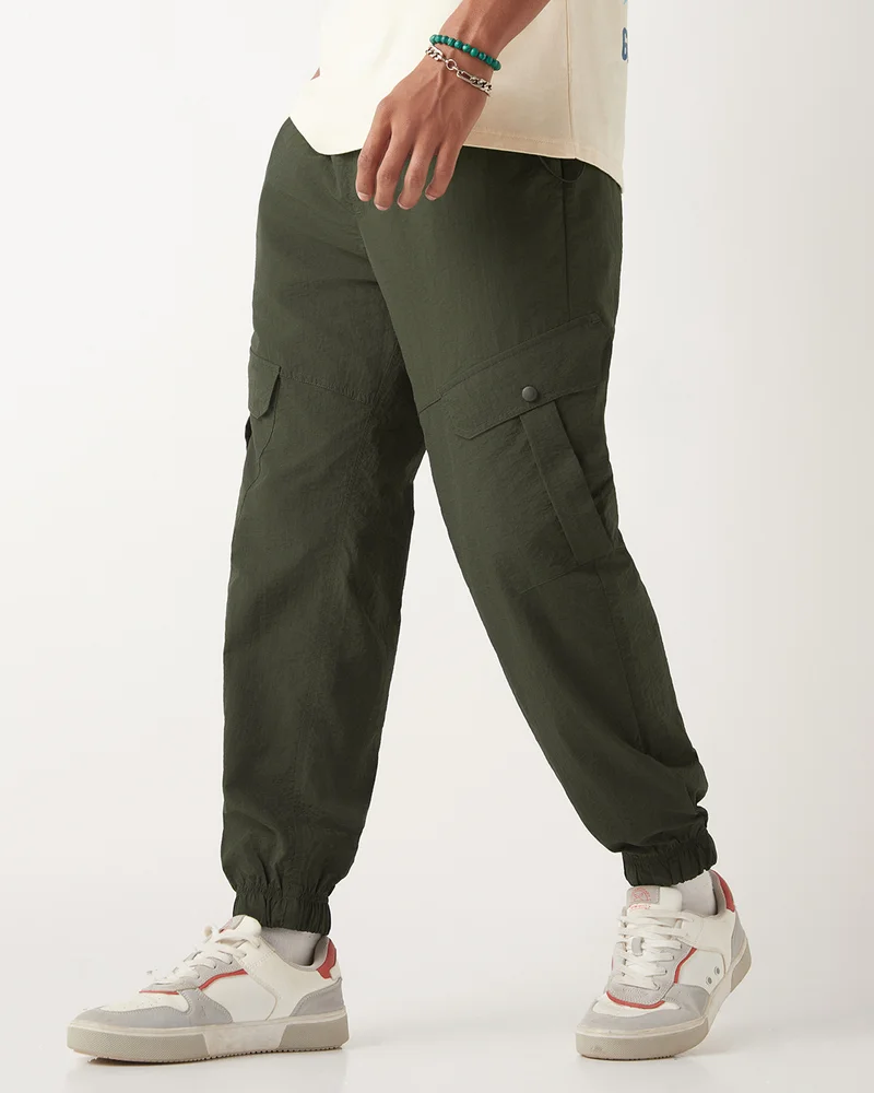 بيواكوف Men's Olive Green Super Loose Fit Nylon Cargo Jogger Pants